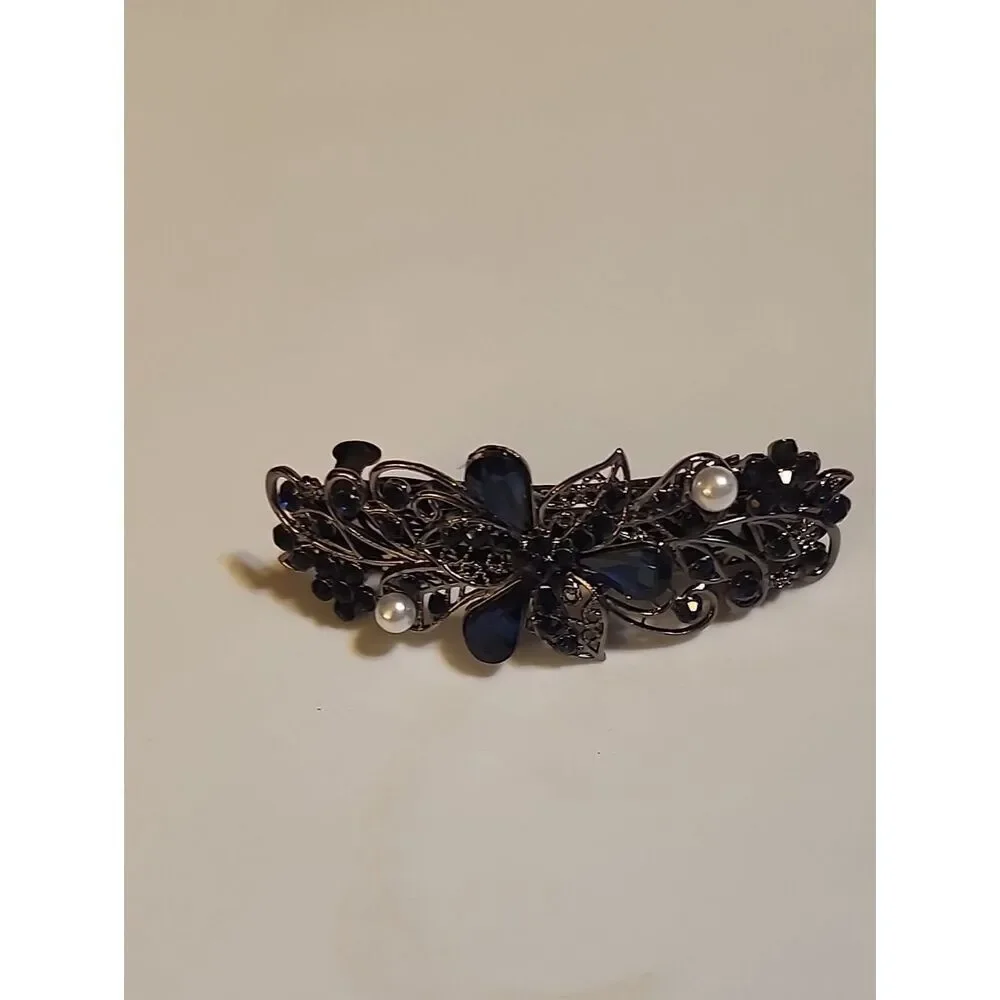 Black Floral Barrette with Blue Stones and Pearl Accents